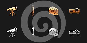 Set Telescope, Marker pen, Graduation cap in speech bubble and Movie, film, media projector icon. Vector