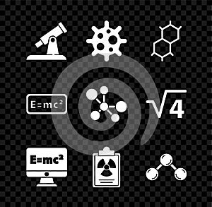 Set Telescope, Virus, Chemical formula, Equation solution, Radiation warning document, Molecule, and icon. Vector