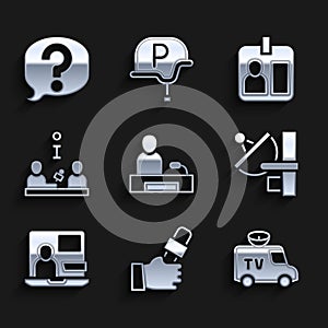 Set Television report, Journalist news, TV News car, Radar, World, Interview, id card and Speech bubble chat icon