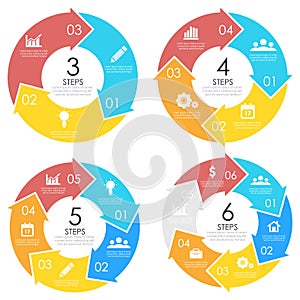 Set template with arrow for circle diagram, web design and round infographic. Business concept with 3, 4, 5, 6 elements