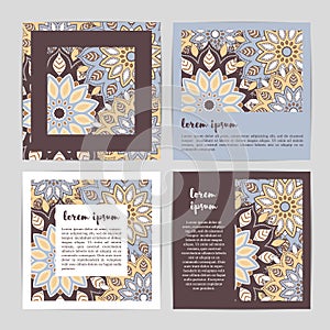 Set of template cards with hand drawn flower mandala.Stylish geo