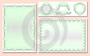 Set of Template for certificate, currency and diplomas additional design elements. Guilloche thin green lines