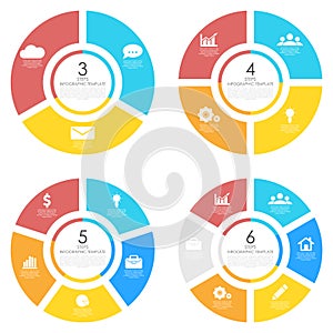 Set template for circle diagram, options, web design, graph and round infographic. Business concept with 3, 4, 5, 6 elements, step