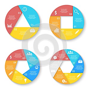 Set template for circle diagram, web design and round infographic. Business concept with 3, 4, 5, 6 elements