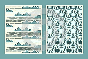 Set template for cutting. Patterns marine waves. Oriental style scenery Metal cutting or wood carving, panel design, stencil for