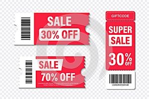 Set of template sale. Gift Coupon element template, graphics design. Voucher promo code. Shopping, marketing, food and drink,