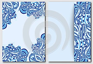 Set of template with waves element for design invitations and greeting cards. Abstract doodle in blue. Indian motif painting.