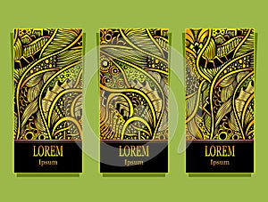 Set of templates with abstract floral texture in gold green colors