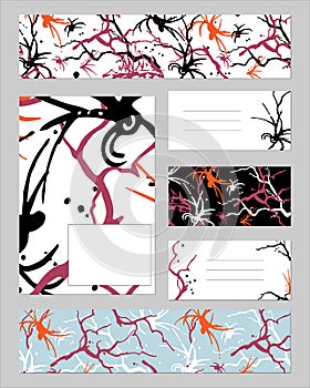 Set of templates for cards, banners and bookmarks with abstract texture. Multicolored pattern of blots, branches and dots.