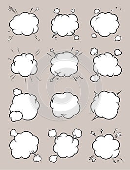 Set of templates for cartoon background. Boom comic book explosion, speech bubble vector illustration