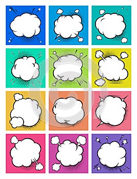 Set of templates for cartoon background. Boom comic book explosion, speech bubble vector illustration