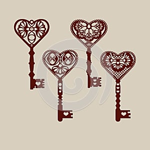 Set of templates of decorative keys for laser cutting
