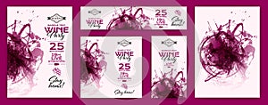 Set of templates in different formats with red wine stain backgrounds