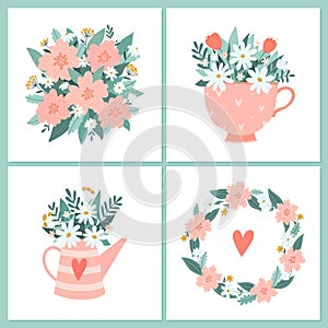 A set of templates with floral bouquets and a wreath of flowers for cards and invitations to Valentine s Day, wedding