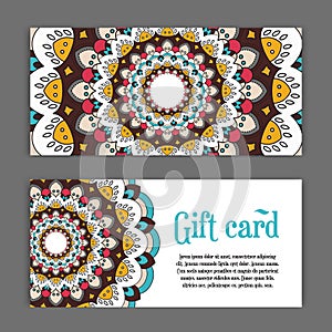 Set templates of gift cards with color ornament mandala for print or website. vector illustration. card design.