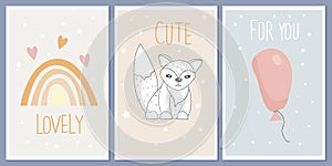 A set of templates for greeting cards and party invitations with animals. Cute fox. Designer vector abstract Scandinavian style