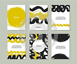 Set of templates with hand drawn textures made with ink. Collection with vector grunge banners.