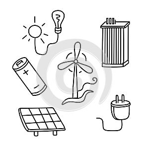 A set of templates for illustrations of energy types, icon design. Alternative energy, renewable energy sources. Doodle