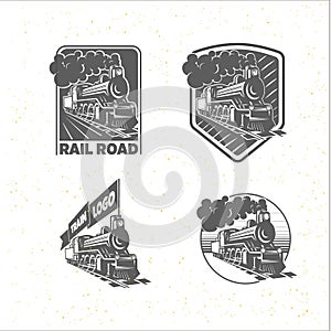 Set of templates with a locomotive. Vintage train, logotypes, illustrations.