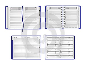 Set templates of realistic open notebooks, diaries, organizers.