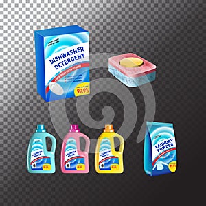 Set of templates realistic package for bottles with laundry and dishwasher detergent. Plastic containers, package and tablets. Vec