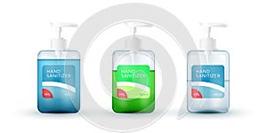 Set of templates realistic package for bottles with pump dispenser. Plastic containers with hand gel sanitizer or liquid