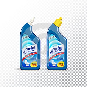 Set of templates realistic package for bottles with Toilet Cleaner. Plastic containers with disinfectant liquid gel.