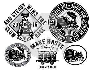 Set of templates with retro locomotive, wagon, vintage train, logotype, illustration to topic railroad