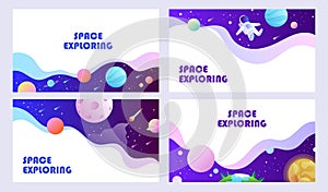 Set of templates for web banner, landing, card, flyer, presentation. Space explore. Children vector illustration.