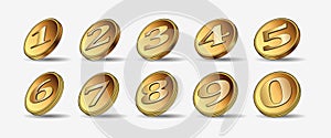 Set of ten 3d gold coins. Medal coins. 1,2,3,4,5,6,7,8,9,10. Badge. Point. Vector illustration isolated on white