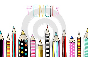 Set of ten colored pencils on white background in sketch fun style.line of colored pencils.Back to school.