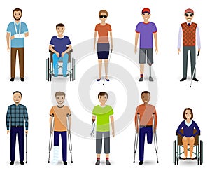 Set of ten disabled people characters. Disability concept. Group of male and female invalid men.