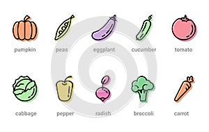 Set of ten healthy food outline icons, vegetables symbols for web and applications