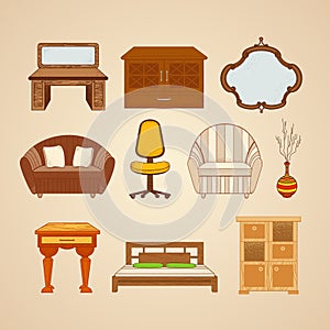 Set of ten illustrations of home furnishings photo