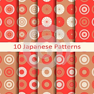 Set of ten japanese circle seamless vector patterns with flower design. design for packaging, covers, textile