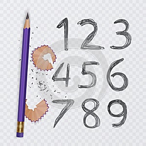 Set of ten numbers from one to nine, numbers drawn with pencil, vector illustration