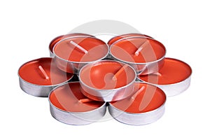 Set of ten red scented tea candles isolated on white, for an online store