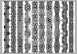 Set of ten seamless endless decorative lines. Indian decoration border elements patterns in black and white colors. Could be use