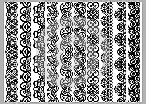 Set of ten seamless endless decorative lines. Indian decoration border elements patterns in black and white colors. Could be use