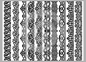 Set of ten seamless endless decorative lines. Indian decoration border elements patterns in black and white colors. Could be use