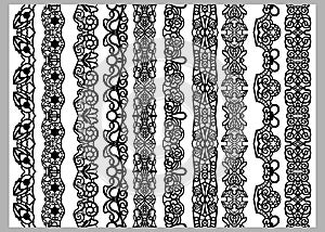 Set of ten seamless endless decorative lines. Indian Henna Border decoration elements patterns in black and white colors. Could b