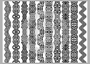 Set of ten seamless endless decorative lines. Indian Henna Border decoration elements patterns in black and white colors. Could b