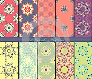 Set of ten seamless pattern with mandalas in beautiful colors. Vector background