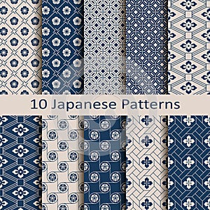 Set with ten seamless vector japanese floral geometric paterns. design for textile, packaging, covers