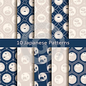 Set of ten seamless vector japanese patterns with lotos flowers. design for interior, print, textile, covers