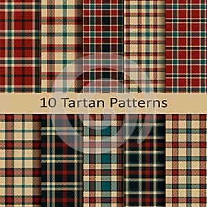 Set of ten seamless vector trendy tartan square scottish patterns. design template for cover, cloths, packaging