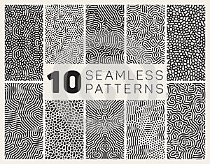 Set of Ten Vector Seamless Black and White Organic Rounded Jumble Maze Lines Patterns photo