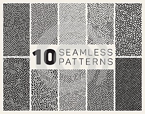 Set of Ten Vector Seamless Black and White Organic Rounded Jumble Maze Lines Patterns