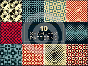 Set of Ten Vector Seamless Wavy Lines Truchet Irregular Halftone Patterns