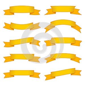 Set of ten yellow ribbons and banners for web design.